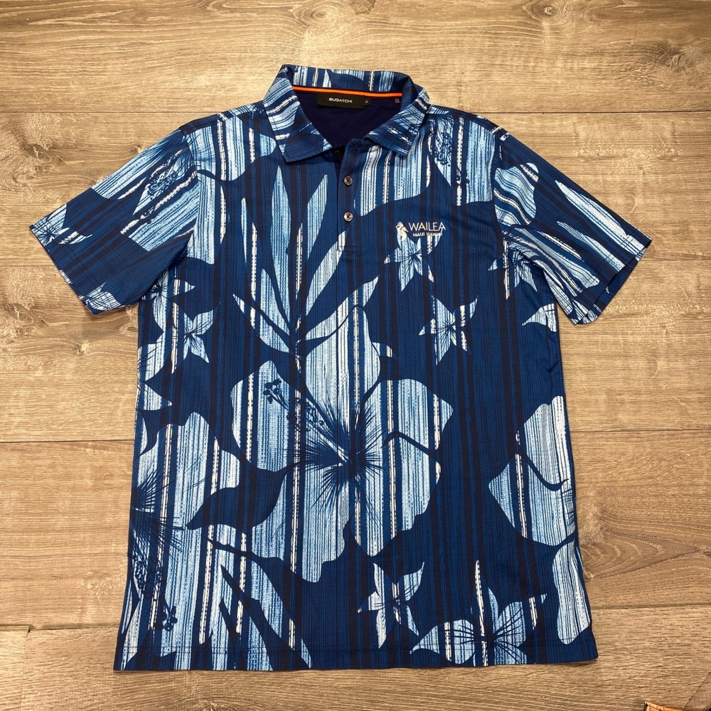 BUGATCHI Men Polo Shirt Blue Floral‎ Large Print Wailea Maui Hawaii Short Sleeve